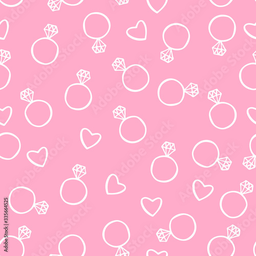Seamless pattern of hand sketched diamond rings and hearts. Doodle wedding or bridal shower vector background. Easy to edit template for fabric, textile, wrapping paper, etc.