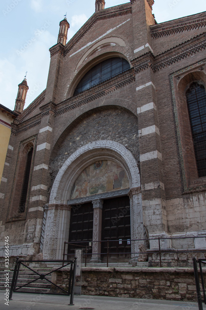 Facade of Santa Maria del Carmine Church in Brescia Old Town, Lombardy, Italy.