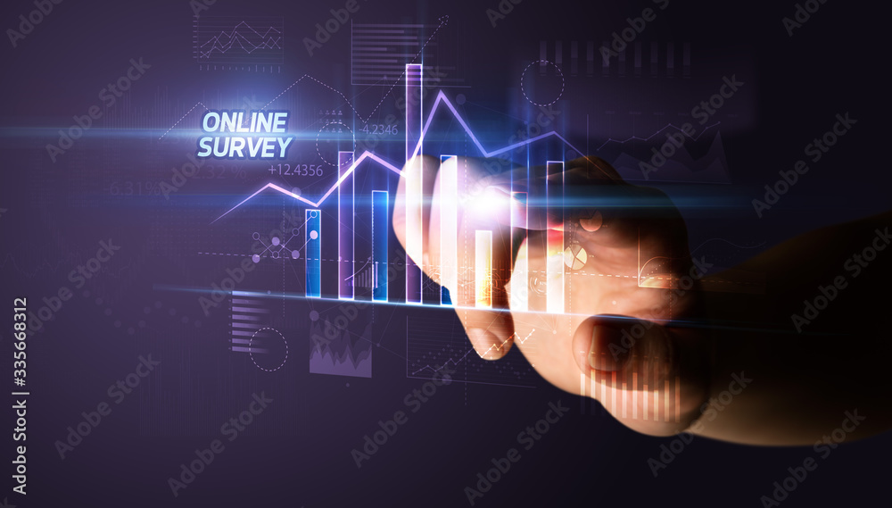 Hand touching ONLINE SURVEY button, business concept Hand touching ONLINE SURVEY button, business concept