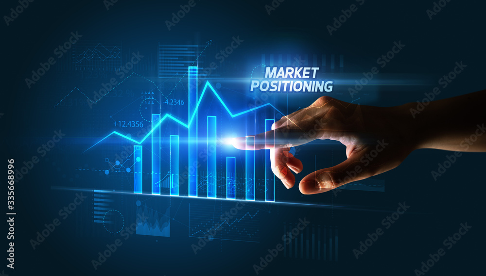 Hand touching MARKET POSITIONING button, business concept Hand touching MARKET POSITIONING button, business concept
