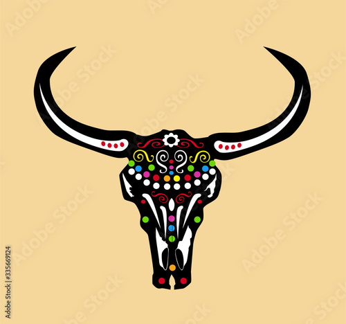 Sugar skull bulls head icon, Day of the dead background.