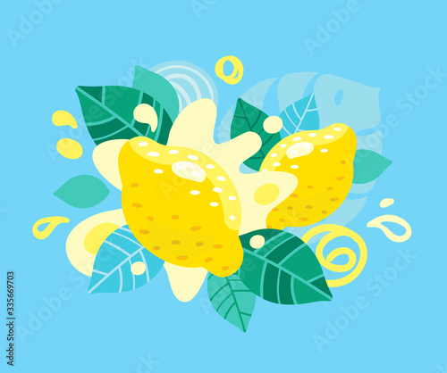 Fresh yellow lemons with lemon juice splash. Organic food fruit with abstract vector leaves and swirls illustration.