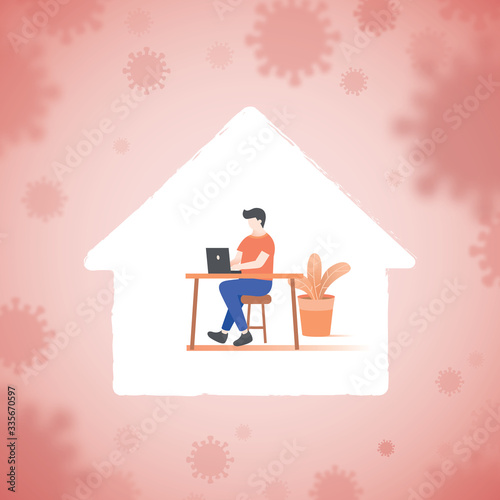 the man working or studying on the desk inside home shape on Spreading COVID-19 banner pink background illustration vector. Coronavirus concept.
