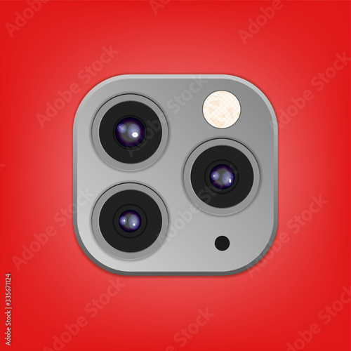 Realistic camera lenses 3D icon isolated on stylish red ambient background. Vector Illustration