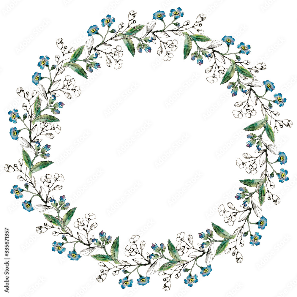Forget me not watercolor wreath for wedding print postcard design. Line sketch in black and colorful style. Rustic concept for textile and paper. Hand painted elements isolated on white background