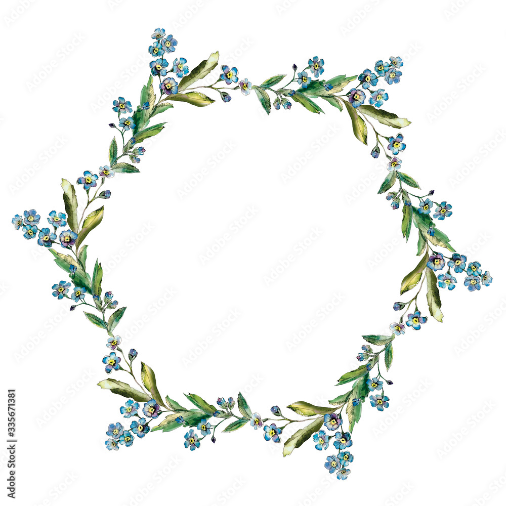 Forget me not sketchy watercolor wreath for wedding print, postcard design. Outline hand painted elements for textile, fabric in rustic style. Floral pattern for clothes, dress, skirt, country side