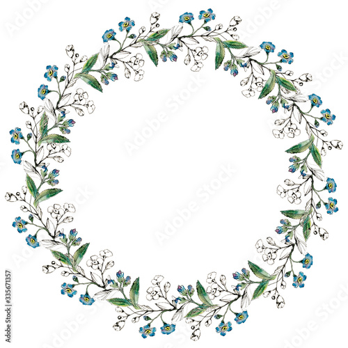 Forget me not watercolor wreath for wedding print postcard design. Line sketch in black and colorful style. Rustic concept for textile and paper. Hand painted elements isolated on white background © Юлия Свалова