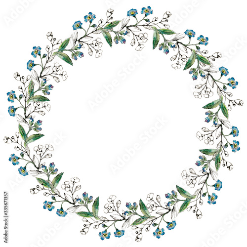 Forget me not watercolor wreath for wedding print postcard design. Line sketch in black and colorful style. Rustic concept for textile and paper. Hand painted elements isolated on white background