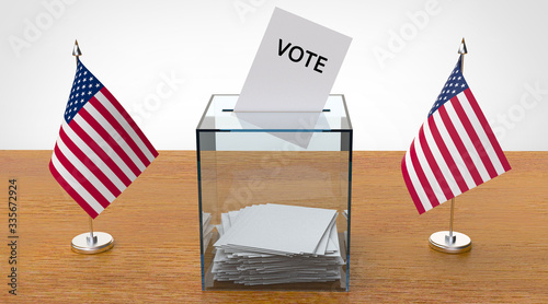 Voting box and American flags. The presidential election in the USA, vote concept. photo