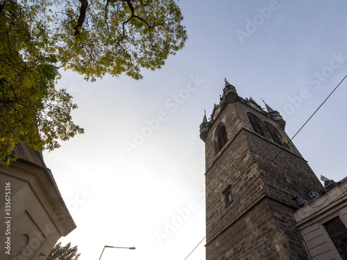 Jidrisska Vez tower seen from below in Prague, Czech Republic. Jindrisska Vez, or St Henry tower, is the former clocktower of a medieval church and a landmark photo