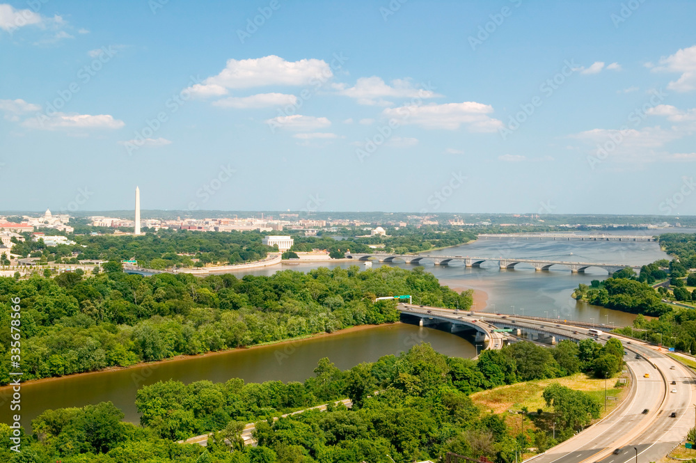 Washington D.C. aerial view with US Capitol, Washington Monument, Lincoln Memorial and Jefferson Monument and Potomac River