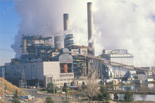 Smokestacks at a Denver Utility Commission power plant, Denver, Colorado