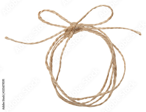 Rope wrap with bow isolated on white. Isolated twine made of natural materials. 