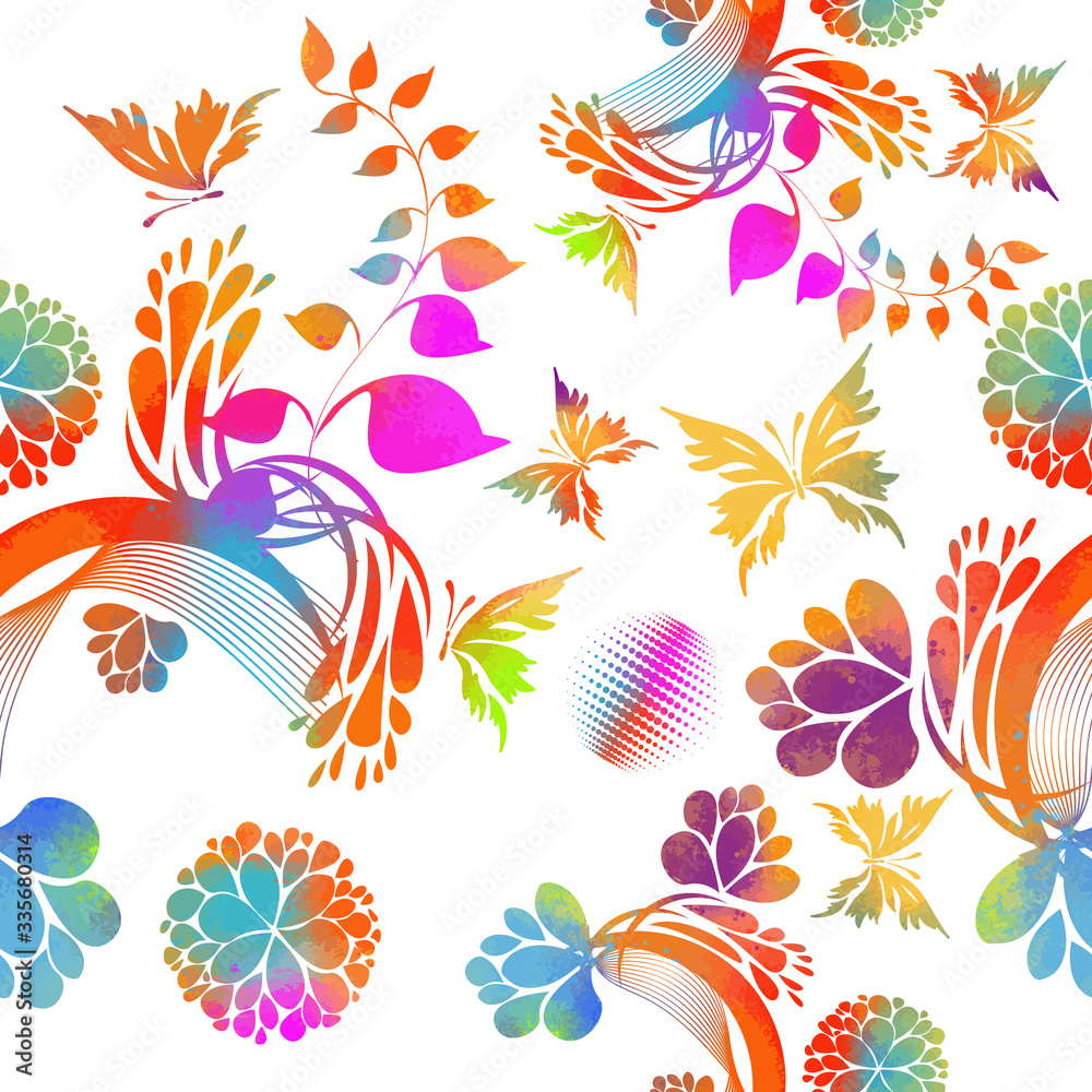 Seamless multicolored floral background with butterflies. Mixed media. Vector illustration