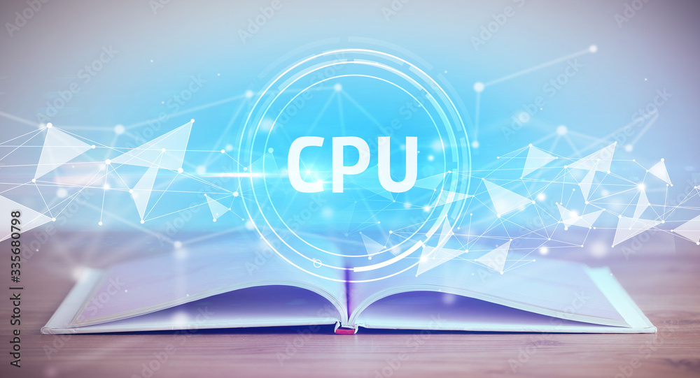 Open book with CPU abbreviation, modern technology concept