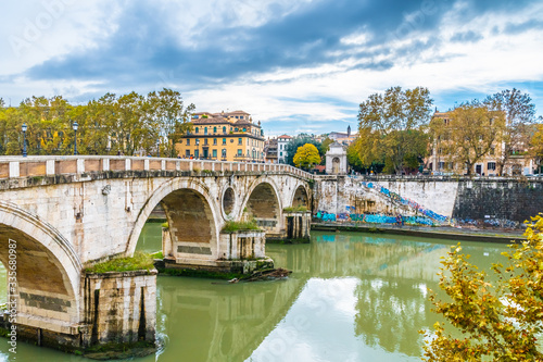 Rome, Italy. Ponte Sisto pedestrian bridge, spans over River Tiber, the 3rd longest river in the country. Sisto Bridge joins Via dei Pettinari in the Rione of Regola and Piazza Trilussa in Trastevere.