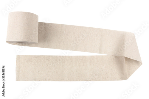 Unwound roll of toilet paper for your design and with space for text, isolated on a white background. Concept.