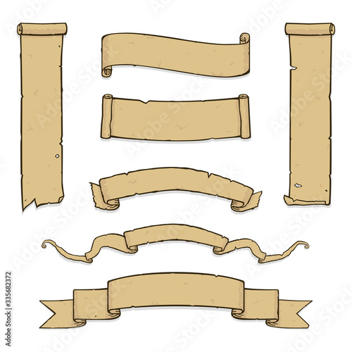 Vector set of ancient parchment scrolls in a cartoon style isolated on white.
