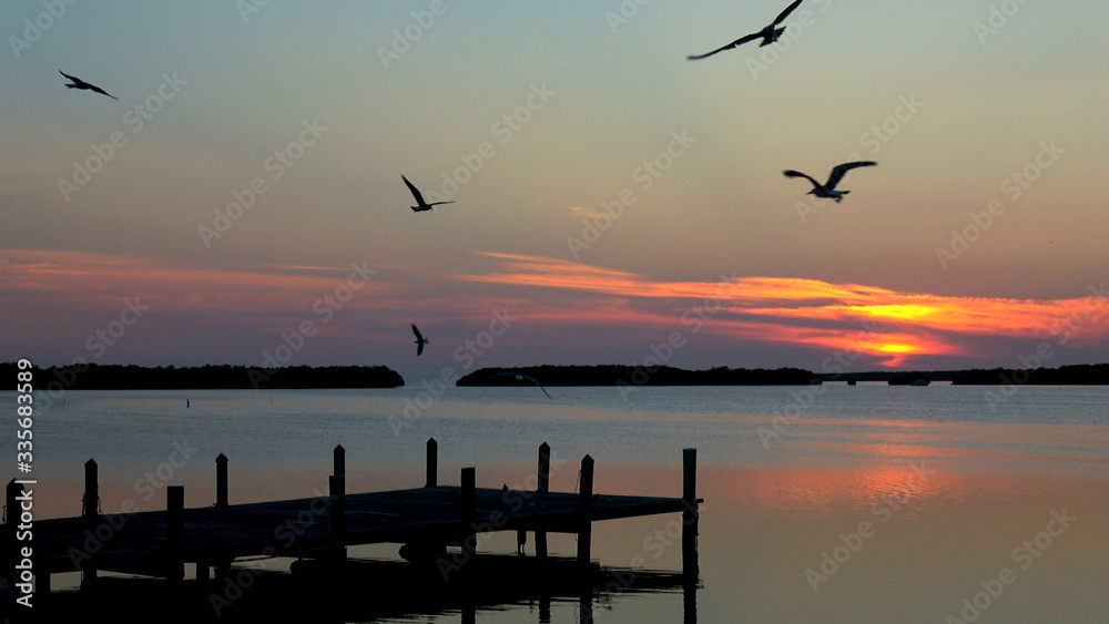 Fototapeta premium Small beautiful pier in the Keys of Florida at sunset
