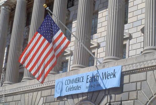 A sign indicating the celebration of Earth Week at The Department of Commerce in Washington, D.C.