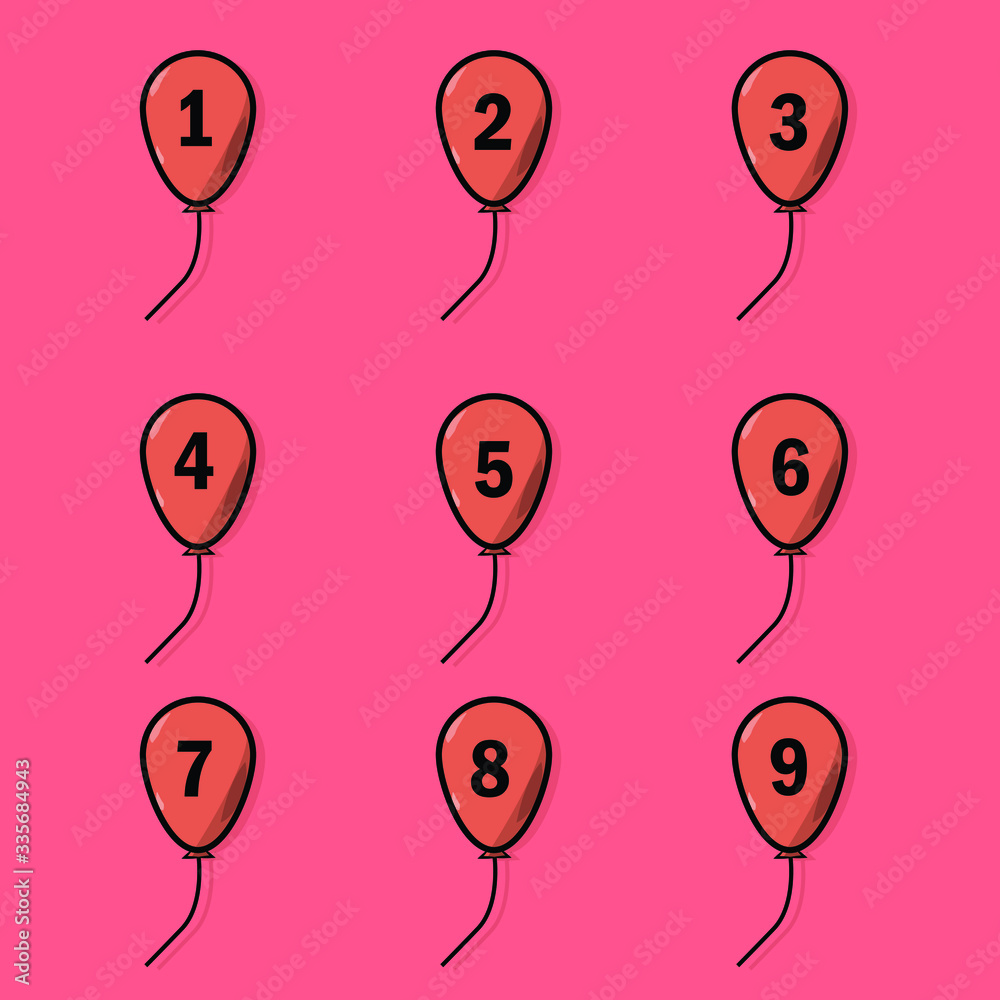 Vector Set Of Number On Red Ballon With Shadow On Background