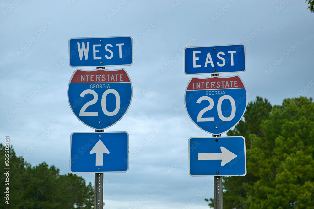 Interstate 20 Highway Signs going East and West in Southeast USA and Georgia