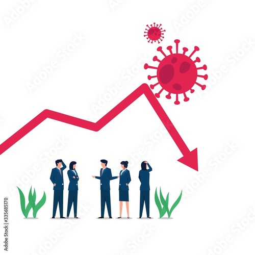 Manager discuss about falling graph as impact of corona virus metaphor of loss. Business flat vector concept illustration.