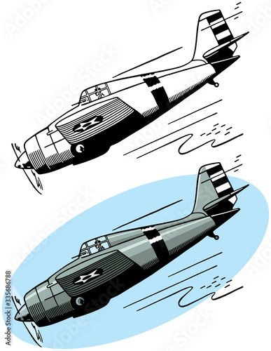 A drawing of a World War II era fighter aircraft. 