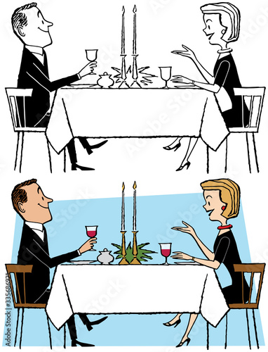 A cartoon of a couple on a date having dinner at a restaurant. 