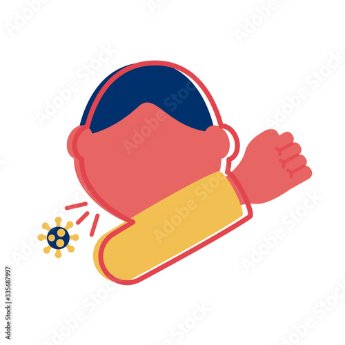 person coughing at the elbow with covid 19 particle flat style