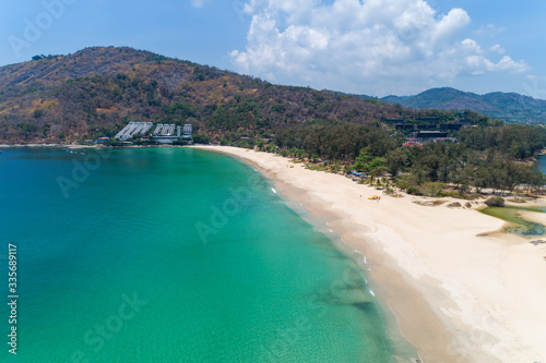 Empty beach at Naiharn beach Phuket Thailand in May 1- 2020 Beach closed during the Covid-19 Outbreak. © panya99