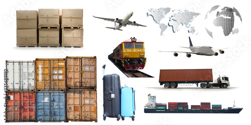 Creative layout made of transportation or delivery . Flat lay for indutry of logistics ,contrainer boxes , boat , airplane , truck , world , map   on white background, clipping path included. photo