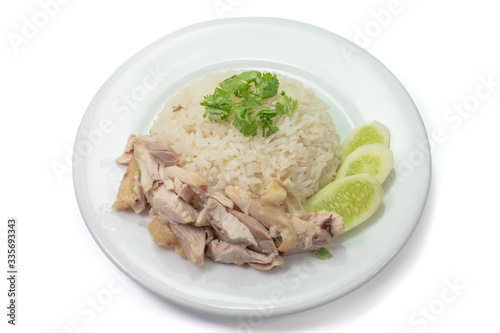 The close up of Thai chicken rice food on white plate on white background.