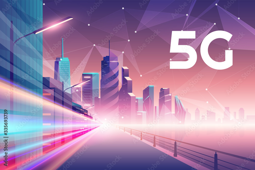 5G wireless network concept. night urban city with low polygonal connection, internet of things, 5G network wireless with high speed connection flat design.