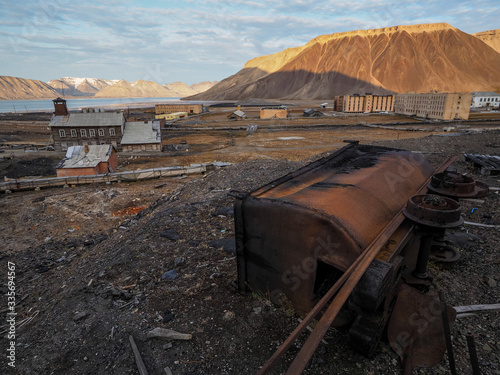 Pyramiden, Norway - Abandoned Soviet/ Russian settlement Pyramiden in Svalbard archipelago. Rusting industrial ruins in the abandoned Arctic mining town 