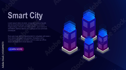 Smart city or intelligent building isometric vector concept.Modern flat design isometric concept of Smart City for website and mobile website.