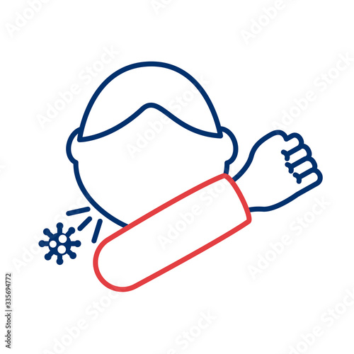 person coughing at the elbow with covid 19 particle line style