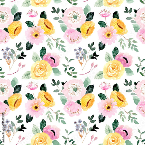 beautiful yellow pink floral watercolor seamless pattern