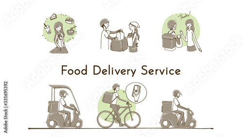 Online food delivery service concept, online order tracking, delivery home and office.  scooter and bicycle courier, delivery man. Vector illustration