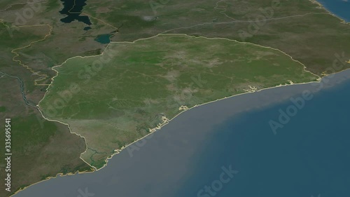 Zambezia, province with its capital, zoomed and extruded on the satellite map of Mozambique in the conformal Stereographic projection. Animation 3D photo