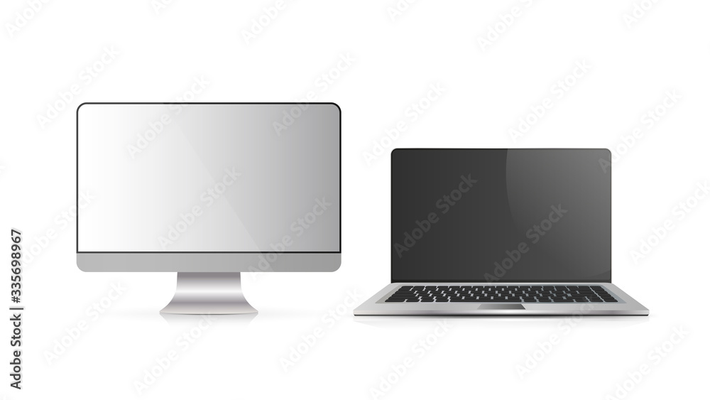 Monitor for computer. Modern open laptop. Set of computer equipment isolated on a white background. Realistic vector. Monitor for computer. Modern open laptop. Set of computer equipment isolated on a white background. Realistic vector.