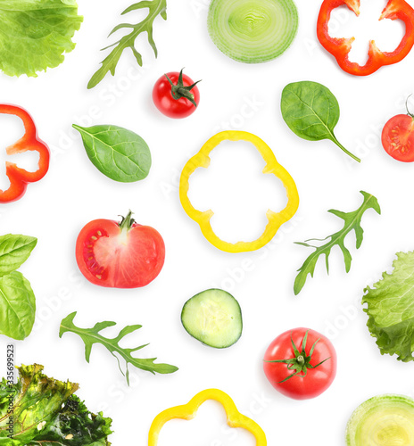 Set of different vegetables on white background  top view. Fresh ingredients for salad