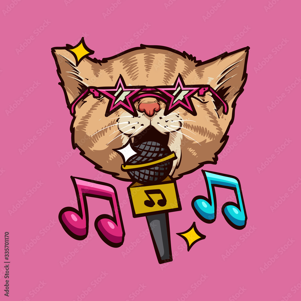 singing cat illustration, vector caracter design