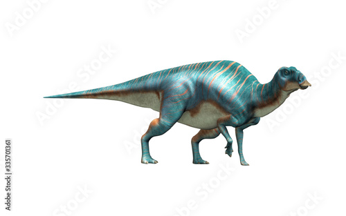 Fototapeta Naklejka Na Ścianę i Meble -  Maiasaura 
Maiasaura, a hadrosaur, on a white background. This duck billed dinosaur, now extinct, was an herbivore that lived during the cretaceous period. 3D Rendering. 