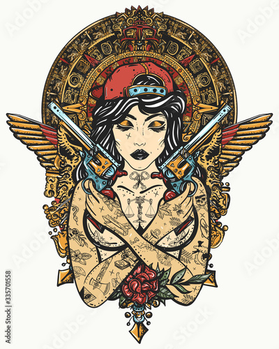 Bad girl, crossed guns, golden wings and mayan sun. Cool gangster tattooed woman in baseball cap. Criminal street culture art. Favela style. Swag. Hip-hop and rap lifestyle