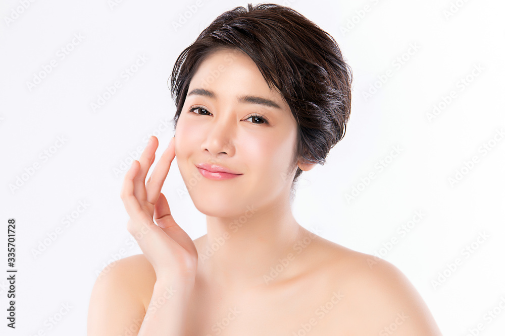 Beautiful Young Asian Woman with Clean Fresh Skin. Face care, Facial treatment, Cosmetology, beauty and healthy skin and cosmetic concept, woman beauty skin isolated on white background Beautiful Young Asian Woman with Clean Fresh Skin. Face care, Facial treatment, Cosmetology, beauty and healthy skin and cosmetic concept, woman beauty skin isolated on white background