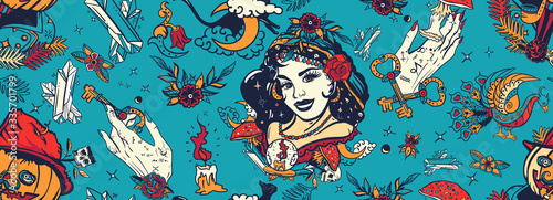 Halloween seamless pattern. Old school tattoo. Dark gothic fairy tale background.  Jack O' Lantern, occult hands and black cats, witch woman, gypsy, crystal ball