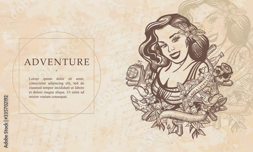 Adventure. Sailor girl pin up style. Sea woman, steering wheel, anchor and flowers. Renaissance background. Medieval manuscript, engraving art