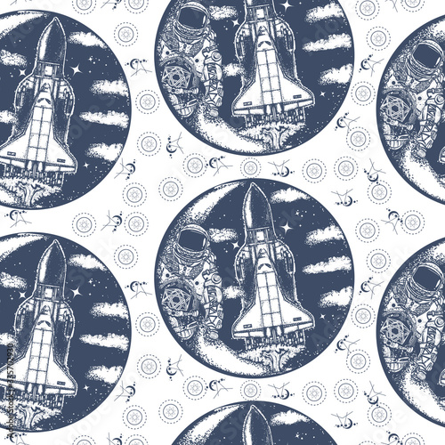 Space shuttle and astronaut. Seamless pattern. Packing old paper, scrapbooking style. Vintage background. Medieval manuscript, engraving art. Symbol of space travel, study of universe