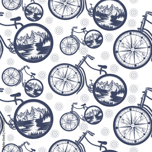 Compass and mountains in bicycle wheels. Seamless pattern. Packing old paper, scrapbooking style. Vintage background. Medieval manuscript, engraving art. Symbol of travel, tourism, adventure